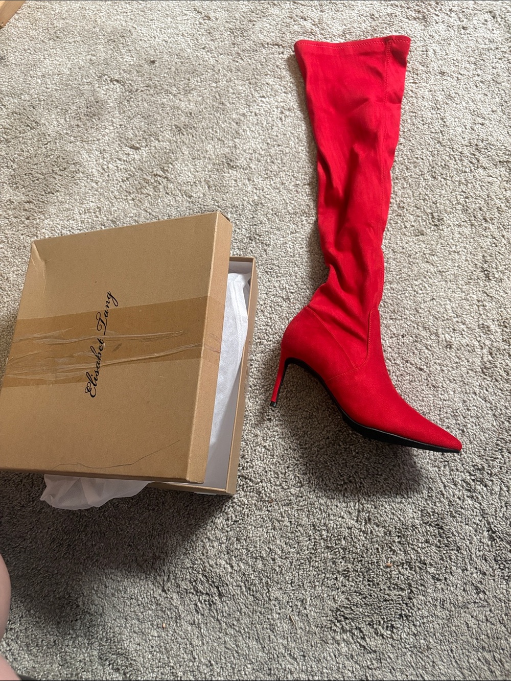 Elizabeth Tang cherry Red Over-the-Knee Stiletto Boot with Pointed Toe size 7.5